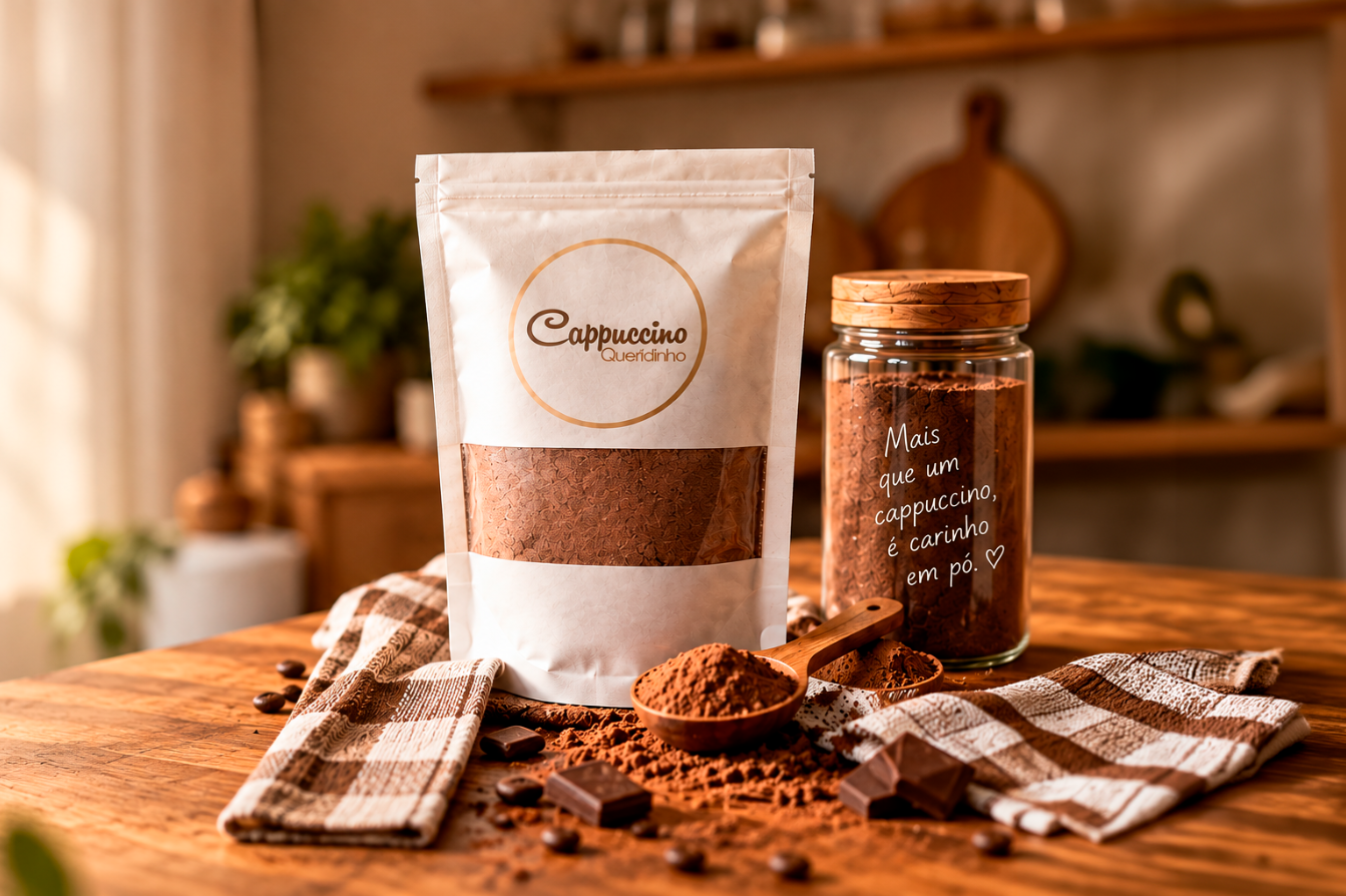 Pacote de Cappuccino Queridinho sobre mesa de madeira, ao lado de um potinho de cappuccino em pó, grãos de café e chocolate, em uma cozinha iluminada