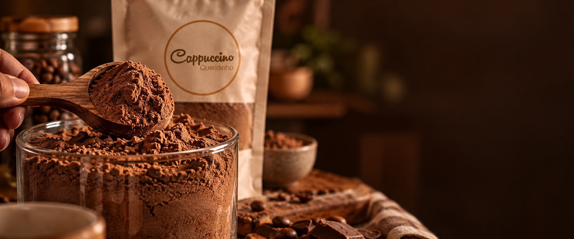 Preparo artesanal do Cappuccino Queridinho: colher de pó de cappuccino sendo servida com cuidado